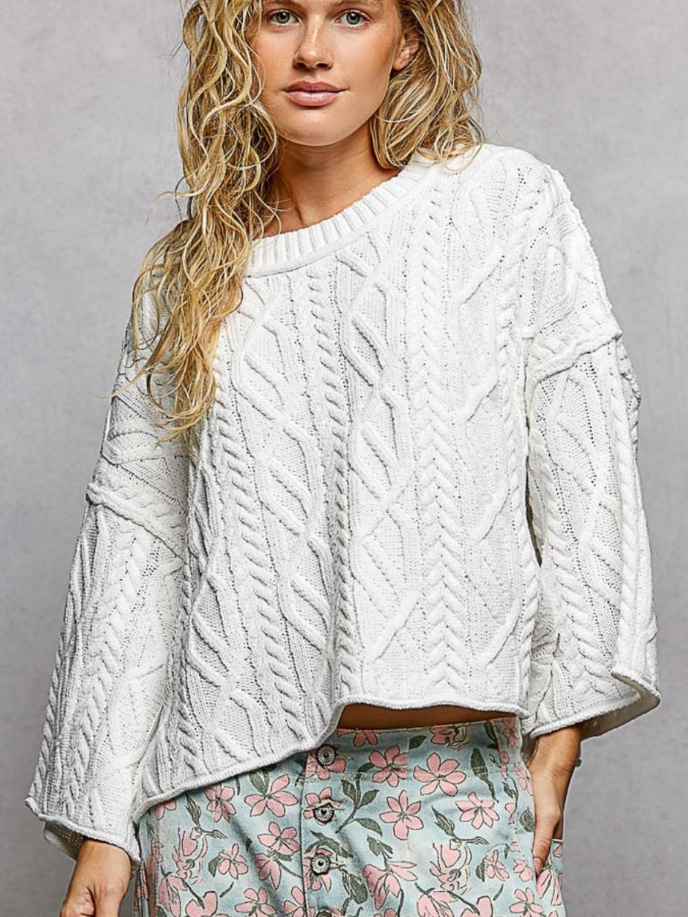 🎉 POL “ LENA 4 ” POL Round Neck 3/4 Sleeve Sweater Top OFF WHITE 90